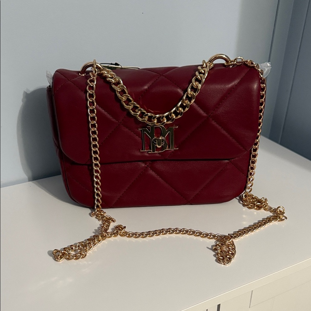 Badgley Mischka Burgundy Quilted Crossbody Bag with Gold Chain